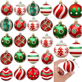 Set of 30 Christmas Baubles Plastic Red White Christmas Tree Baubles with Hanger Christmas Tree Baubles Plastic Shatterproof Christmas Tree Decorations (Red Green)