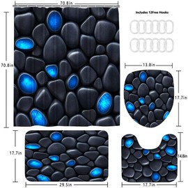 4Pcs Stone Shower Curtain Set with Toilet Lid Cover and Non-Slip Rugs for Bathroom, Blue Glow Stone Bathroom Decor Set Shower Curtain with 12 Hooks