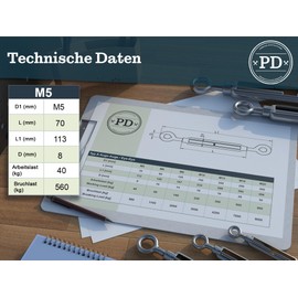 PD® Turnbuckle M5 Stainless Steel A4 (Eyelet Eyelet) | Awning Tensioner Rustproof | Rope Tensioner with Tension Screw | Tension Hook for Sail Attachment, Washing Line & More | Wire Rope Tensioner |