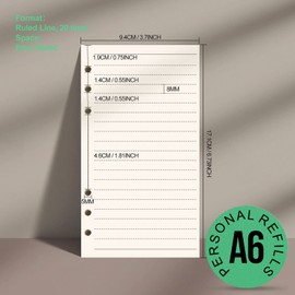 FANDAMEI 4 Packs A6 Ruled Line Paper Refills for Personal Organiser - 180 Sheets 17.1x9.4cm 6-Ring Personal Binder Planner Refillable A6 Lined Paper, Personal Inserts Loose Leaf Page