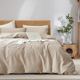 Freyamy Bed Linen 155 x 220 cm 2-Piece Beige Plain Bed Linen Washed Microfibre Soft Bedding Sets Plain Elegant Duvet Cover with Zip and Pillowcase 80 x 80 cm