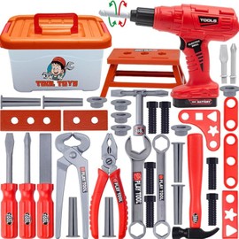 Children's Construction Tool Toy Set, Construction Tool Kits, Chainsaw Tool Box with Accessories, Tool Bag, Role Play Set with Electric Drill, Children's Toy for 3+ Boys and Girls (Pack of 42)