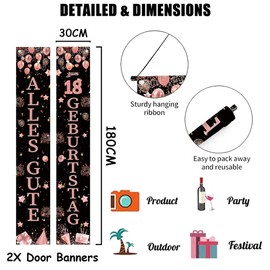 18th Birthday Decoration Banner Girls Rose Gold - 2 Pieces 18th Birthday Decoration Happy Birthday Door Banner 180 x 30 cm, Fabric Door Decoration Birthday Banner for 18th Birthday Party