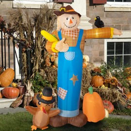 Nervure 7FT Thanksgiving Scarecrow Inflatable - Inflatable Thanksgiving Yard Decorations with Turkey and Pumpkin - Fall Outdoor Blow Up with LED Lights and Inflatable Patch for Garden Lawn Decor