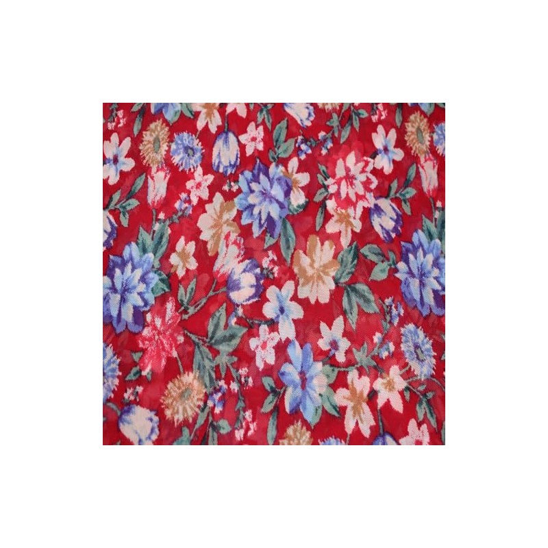 Red Periwinkle Medium Floral Pattern Printed Stretch Poly Power Mesh