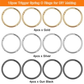 12pcs Round Carabiners Clips Trigger Spring O Rings 3 Colors Spring Snap Clip Hooks Spring Keyring Buckle for DIY Key Chains Making,Buckle,Bags,Purses,Handbag(Gold,Silver,Gun Black)