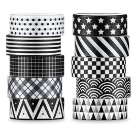 Whaline 10 Rolls Geometry Washi Tape Black White Washi Masking Tape Checkered Plaids Stripes Stars Decorative Paper Stickers for Birthday Scrapbook Gift Wrapping DIY Art Crafts