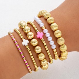 YANCHUN Gold Beaded Bracelet Set for Women Non Tarnish Chunky Stretch Paperclip Cross Pearl Stackable Jewelry