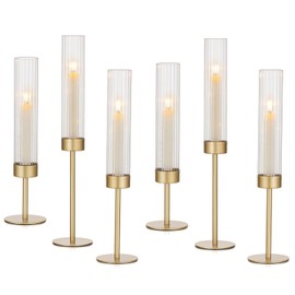 Hewory Gold Hurricane Candle Holders: Brass Candlestick Holders Set of 6 Tall Taper Candle Holders for Candlesticks Candle Sticks Holder Decor for Table Centerpiece Wedding Party Christmas Decorations