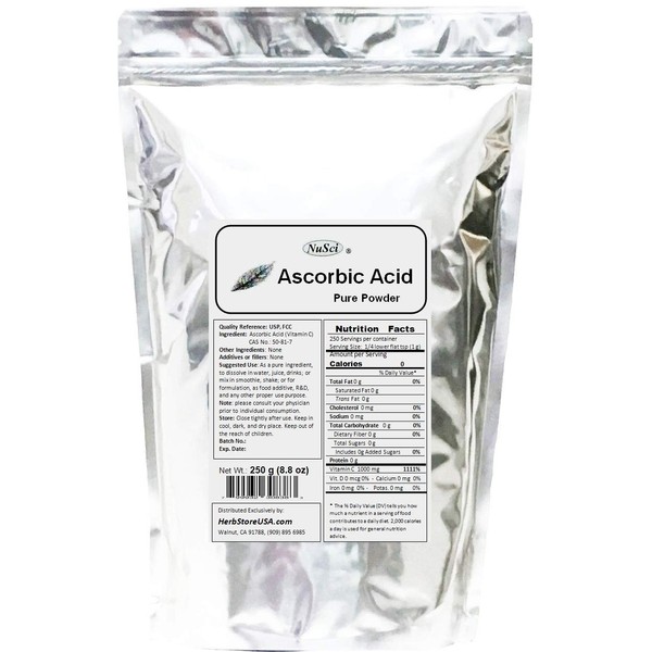 NuSci Ascorbic Acid Vitamin C Pure Powder USP & FCC Quality (250 Grams (8.8 oz)) GMO Free Non-Irradiated