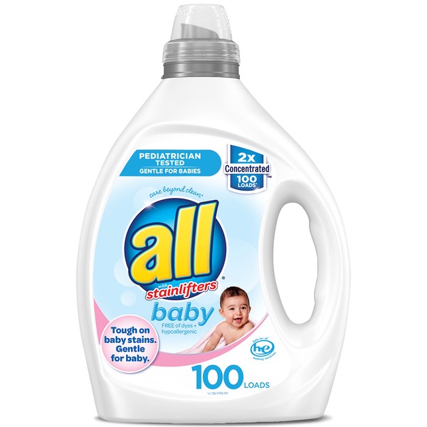 all Liquid Laundry Detergent, Gentle for Baby, Hypoallergenic & Free of Dyes, 2X Concentrated, 100 Loads