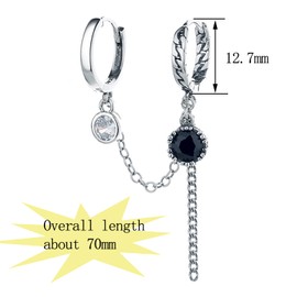 Qings Punk Rock Black Hoop Earrings - 1 x Sterling Silver Double Hoop Earrings Mini Black Zircon Earring Double Hole Sterling Silver Pendant Star Chain Jewellery Gift for Women Girls, Sterling Silver,