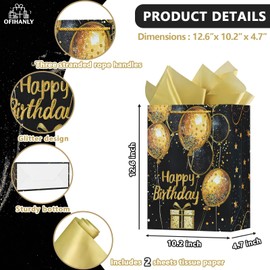 OFIHANLY 12.6" Medium Size Happy Birthday Gift Bag with Handles for Women Men Kids Baby Boy Girls Black&Gold Glitter Paper Gift Wrap Bags with Tissue Paper,1Pcs