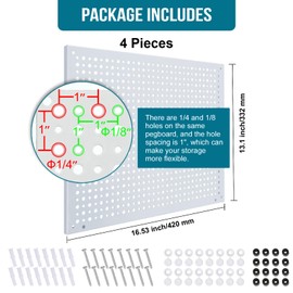 Daanxw Peg Board, Heavy Duty Steel Organization Panels, Universal 1/8 and 1/4 Peg Board Accessories, Ideal for Garage Tool Storage, Pack of 4(White, 16X12)