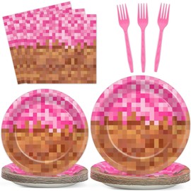 96Pcs Pink Pixel Paper Plates and Napkins Pixel Girl Birthday Party Decorations Video Game Disposable Dessert Plates Mining Gaming Tableware Set Serves 24 Guests Girls Kids Teenager Birthday Supplies