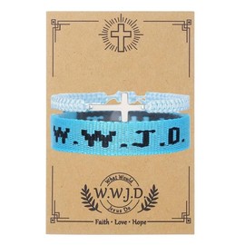 COLORFUL BLING WWJD Bracelet Cross Braided Rope Bracelet for Women Men What Would Jesus Do Wristbands Cross Charm Adjustable Protection Christian Stretch Bracelet Religious Jewelry Gift﻿-Light Blue