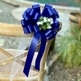 Royal Blue Pull Bows with Tulle Tails & Rosebuds - 8" Wide, Set of 6, Wedding Pew Bows, Reception, Anniversary, Birthday, Fundraiser, 4th of July, Easter
