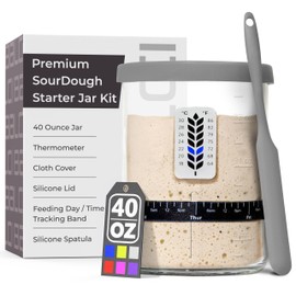 Premium Sourdough Starter Jar - 40oz Large Sourdough Jar with Marked Feeding Band, Thermometer, Scraper, Cloth Cover and Silicone Lid/Base, Wide Mouth Starter Kit - Grey