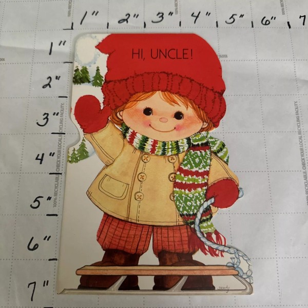 Vintage Merry Christmas Card Uncle Boy Sled Cute Unique Fill