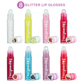 Expressions 8pc Roller-Ball Glitter Lip Gloss Set, 8 Assorted Fruit Flavored Roll On Rollerball Lip Gloss for Kids, Safe, Non Toxic Kids Makeup Set