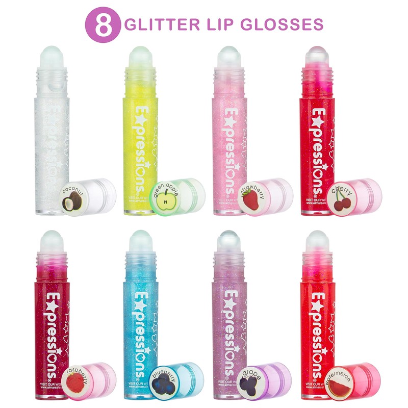 Expressions 8pc Roller-Ball Glitter Lip Gloss Set, 8 Assorted Fruit