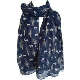 Deer Scarf Winter Deers Fir Tree Reindeer Printed Womens Christmas Scarves Gift (Navy Blue)(Size:L)