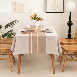 SIELUNO Table Cloth Rectangle Table Cloths Rustic Farmhouse Tablecloth Cotton Linen Waterproof Embroidery Fabric Table Cover for Indoor Outdoor Dinning Tabletop Decoration-Striped Coffee-54 x70