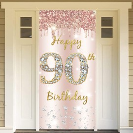 90th Birthday Decoration Women, Happy 90th Birthday Door Banner Rose Gold, 90th Birthday Fabric Sign Poster Door Decoration, 90th Birthday Background Banner Ladies, Birthday Party Welcome Sign