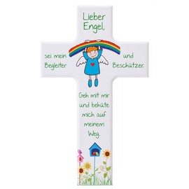 FRITZ COX Children's Wooden Cross "Rainbow Angel" | Wooden Cross White | Great Gift for Christening and Birthday | Dear Angel Be My Companion | for Boys and Girls | 15 cm