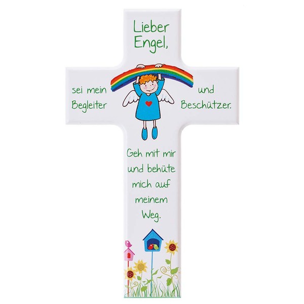 FRITZ COX Children's Wooden Cross "Rainbow Angel" | Wooden Cross White | Great Gift for Christening and Birthday | Dear Angel Be My Companion | for Boys and Girls | 15 cm