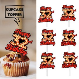 18pcs Happy 32nd Birthday Dessert Cupcake Topper Fluorescent Flashing Night Out Hen Movie Nightclub Theme Decor Supplies Men Women Happy Birthday Party Decorations Red Glitter