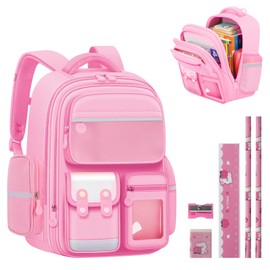 School Bags for Girls with Stationery Set, Large Capacity Kids Backpack Rucksack for Primary School, Lightweight Pink Back Pack Bag for 8-10 Years Old(Girls, Pink A)