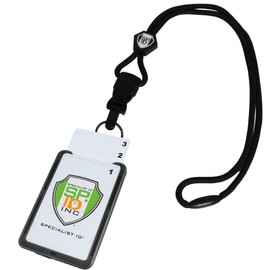 Specialist ID Vertical Top Load Three Card Badge Holder - Hard Plastic with Heavy Duty Breakaway Lanyard w Quick Release Metal Clip & Key Ring (One Holder / 3 Cards Inside) (Black) | Specialist ID
