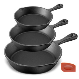 NutriChef Pre-Seasoned Cast Iron Skillet Pans - 3 Pieces Kitchen Frying Pan Nonstick Cookware Set w/Drip Spout - Includes Scraper - Electric Stovetop, Induction, Gas Range, Ceramic - NutriChef NCCI76