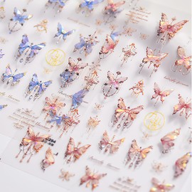 2 Sheet Butterfly Nail Stickers 5D Embossed Pink Butterfly Nail Art Decals Self-Adhesive Shining Shell Aurora Manicure Accessories for Women Girls DIY Nail Art Decorations Supplies