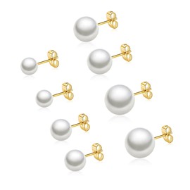 JAXXEL 4 Pairs Pearl Earrings for Women, Pearl Stud Earrings Set 18K Gold Plated Hypoallergenic Earrings Studs Pearl Earrings Fine Jewelry for Women (white 6/8/10/12MM)
