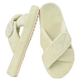 Slippers for Women Comfy Memory Foam Adjustable Corduroy Cross Band Open Toe Slip on Bedroom Home House Slides Shoes Indoor Outdoor,Light Green,US 9-10=EU 40-41