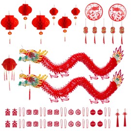 38PCS Chinese New Year Decorations 2026-50in 3D Chinese Dragon Garland - Hanging Dragon Lanterns Set with Horse Year Felt Ornaments - Lunar New Year Spring Festival Home Decor