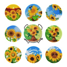 Beadthoven 8pcs Diamond Painting Coasters with Holder Daisy Sunflower Pattern Diamond Art Cup Mat Kits with Tools for DIY Cup Drinks Coasters Desktop Decorations