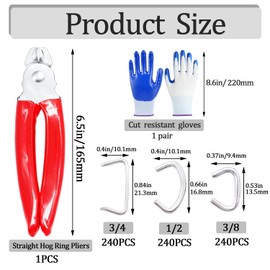 Ruibapa 540pcs Hog Rings with Straight Hog Ring Pliers Kit 3/4" 1/2" 3/8 "Galvanized Hog Rings for Animal Pet Cages、Ropes、Bagging、DIY Craft、Furniture