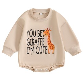 Canis Newborn Baby Boys Girls You Bet Giraffe I'm Cute Long Sleeve Sweatshirt Romper Infant Giraffe Oversized Bodysuit (Khaki Right Giraffe, 12-18 Months)