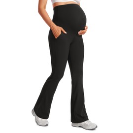 CRZ YOGA Women Butterluxe Maternity Flare Leggings with Pockets 31" - Workout Active Yoga Pregnancy Pants Over The Belly Soft Black Large
