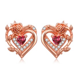 Rose Stud Earrings for Women Sterling Silver Rose Gold Heart Stud Earrings July Birthstone Stud Earrings Rose Ruby Stud Earrings Stud Jewellery Gifts for Women