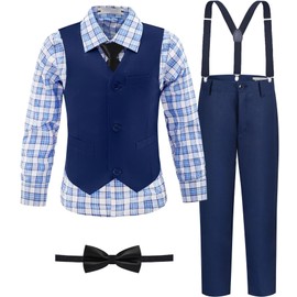 LOPEN STU Boys Suit Size 12 Kids Navy Blue Suits for Boys Wedding Outfits Little Boys Dress Vest Pants Suit with Suspenders Ties