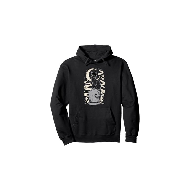 Black Gothic Cat Moon Tombstone Gravestone Dark Academia Pullover Hoodie