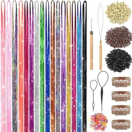 Kit de oropel para el cabello (48 pulgadas, 16 colores, 7800 hebras), extensiones de cabello de oropel de hada con herramientas, kit de oropel con pur