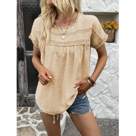 Poetsky Women's Short Sleeve Casual Tops Summer Round Neck Loose Fit Blouse to Wear with Flare Jeans Cream L