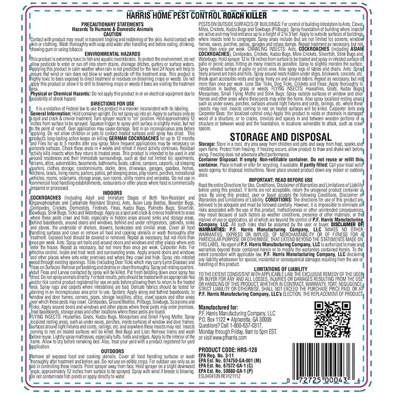 Harris Roach Killer, Liquid Spray with Odorless and Non-Staining 12-Month