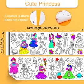 Jumbo Coloring Paper Roll for Kids, Toddler Drawing Paper Roll, Squeaky Clean Sticky Wall Painting Stickers Set for Edu Gift, 120 * 11.8 Inch (Cute Princess)