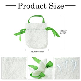 Airssory 5 pcs White Flower Drawstring Gifts-Bags Spring Floral Jewelry Candy Wrap Bags with Green Handle for Wedding Valentine's Day Party Present 18x13cm
